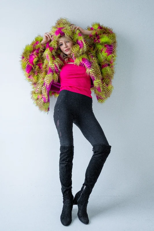 Effortless Looks Women's Crop Snuggle Coat in "Pink Lime Feather"