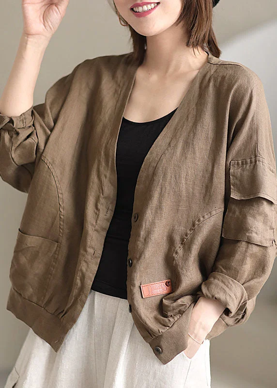 Comfy Layers Plus Size Khaki V Neck Loose Button Fall Long sleeve Jacket