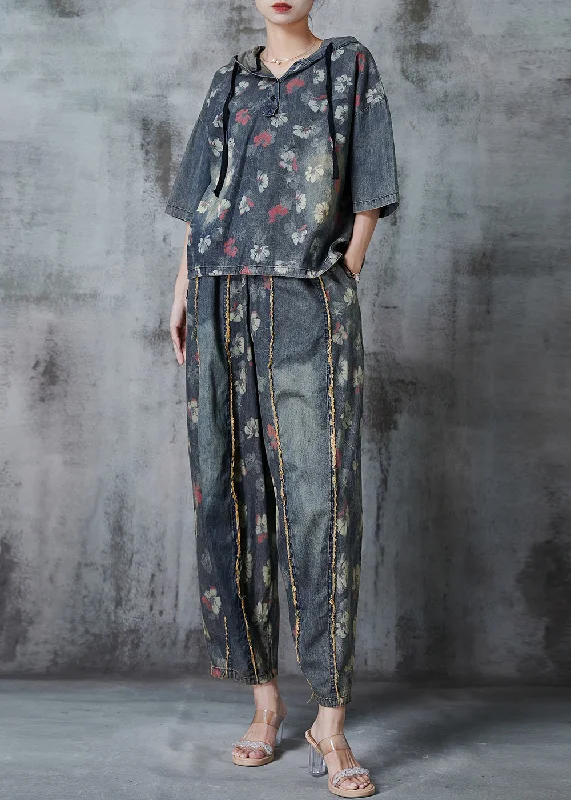 Elegant Dressing Stylish Blue Hooded Patchwork Print Denim Two Piece Set Summer