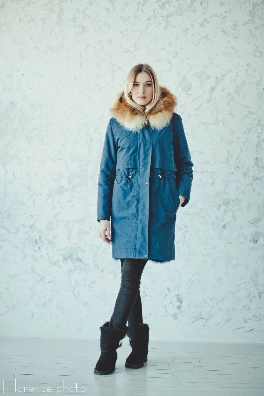 Comfortable Tops Rabbit Fur Parka Jacket (Blue)