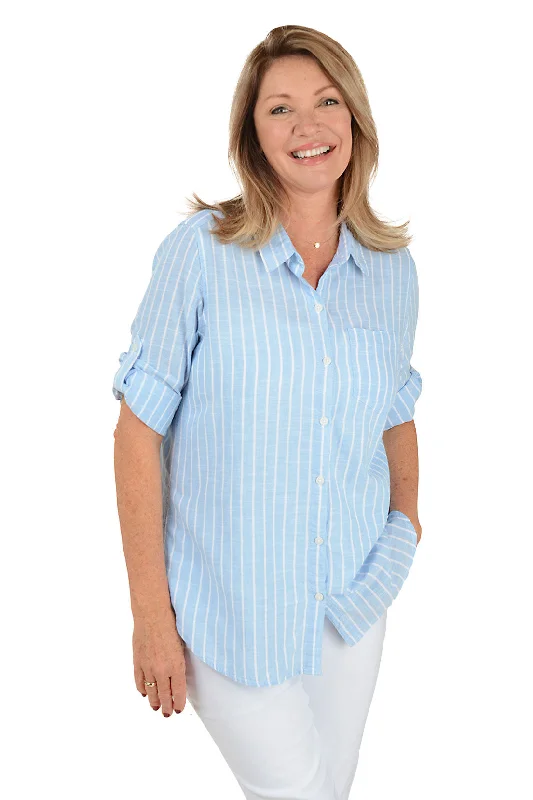 Casual Comfort Chambray Striped Cotton Roll Sleeve Shirt