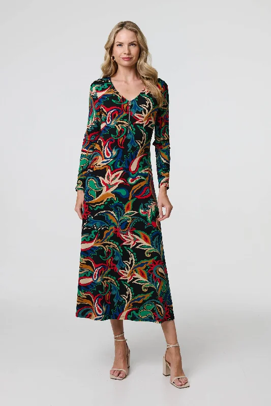 Everyday Outfits Printed Zip Front Long Sleeve Maxi Dress