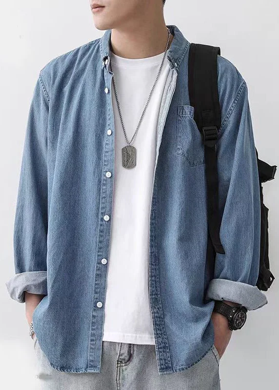 Versatile Comfort Simple Dark Blue Peter Pan Collar Button Denim Men Shirts Spring