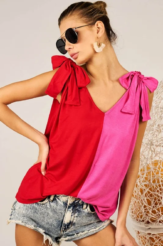 Comfy Pants BiBi Shoulder Ribbon Tied Contrast Tank
