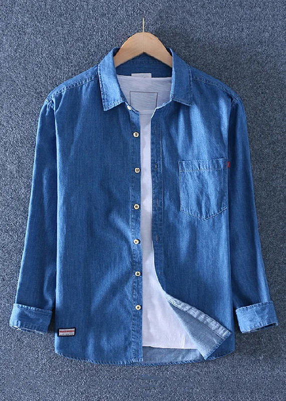 Versatile Casuals Simple Dark Blue Peter Pan Collar Pockets Solid Denim Men Shirts Spring Versatile Casuals Simple Dark Blue Peter Pan Collar Pockets Solid Denim Men Shirts Spring