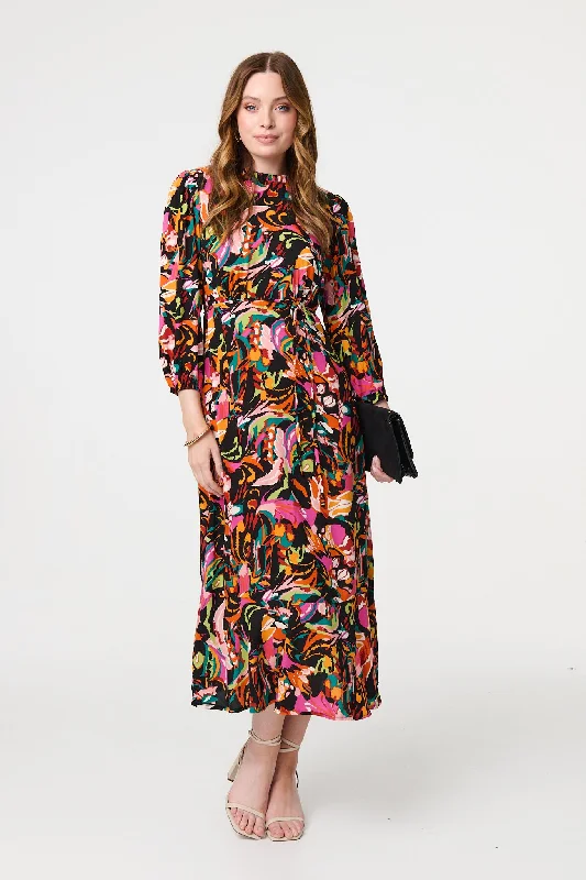 Comfortable Jeans Printed High Neck Long Sleeve Midi Dress