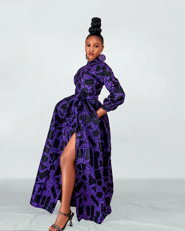 Cozy Outerwear Raya Ankara Maxi Dress | Purple and Black African Print