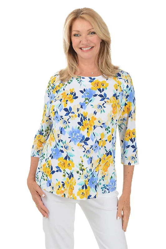 Cozy Apparel Petite Yellow Floral Pleated Shoulder Top