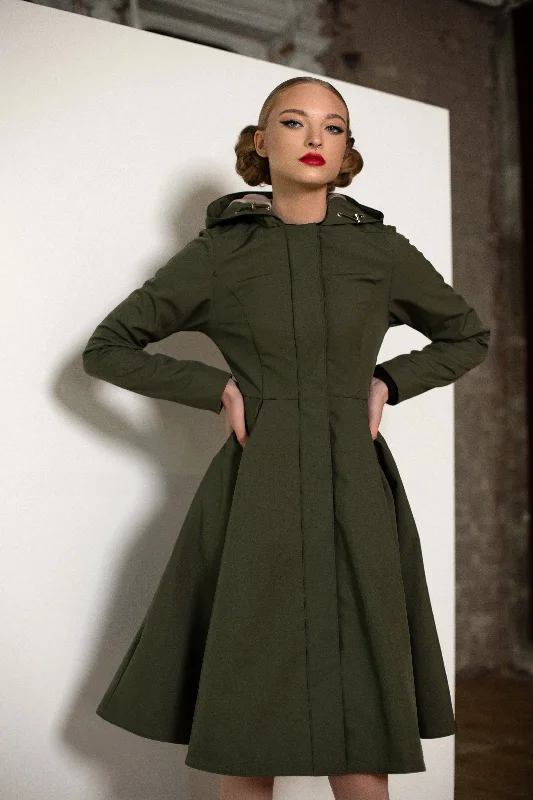 Easygoing Fashion Fit and Flare Coat with Pleated Skirt in Khaki Green | 'Moss Green'