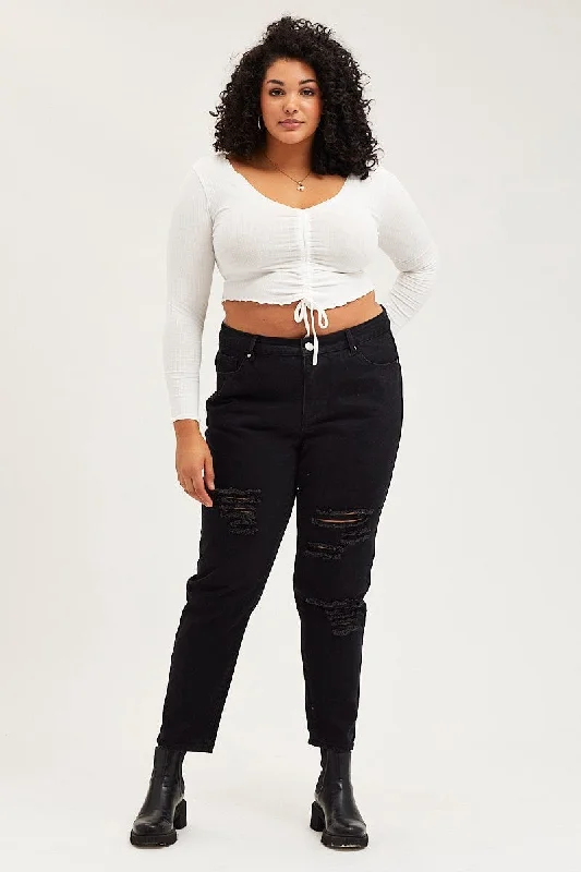 Trendy Dresses Black Mid Rise Distress Mom Denim Jeans