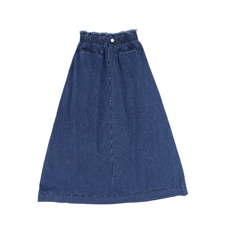 Soft Fabrics C-19215-Denim Fringe Waist Maxi Skirt -Denim