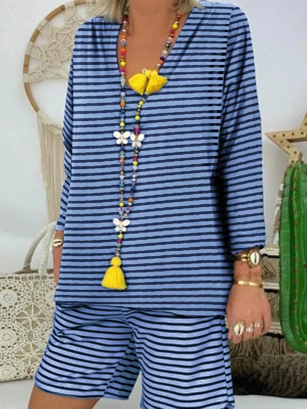 Breezy Style Striped V-Neck Long-Sleeved Suit