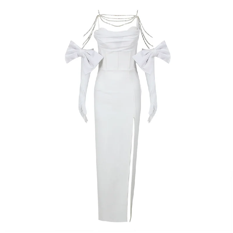 Fashion Comfort Luminous Crystal Chain Gloved Cami Bandage Cutout Bow Trim Maxi Dress Fashion Comfort Luminous Crystal Chain Gloved Cami Bandage Cutout Bow Trim Maxi Dress