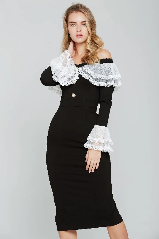 Versatile Outfits Black and White Lace Bell Sleeves Midi Dress
