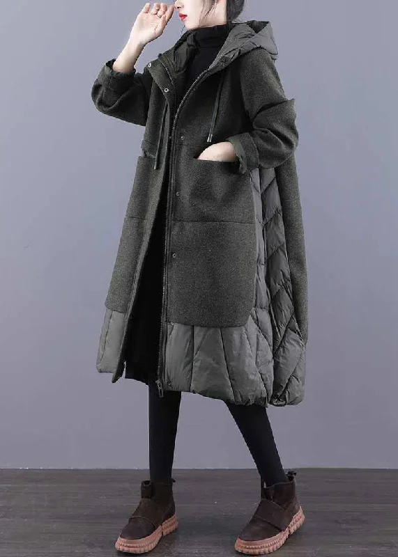 Cozy Fashion Vintage Tea Green Hooded Patchwork Woolen Winter Coat