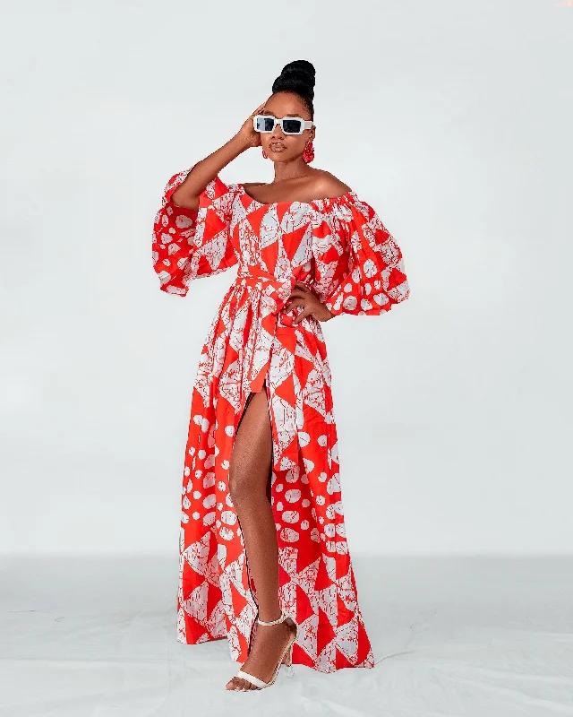 Warm Layers Tori Ankara Off shoulder Maxi Dress | Red and White African Print