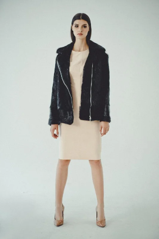 Elegant Fit Nutria Fur Bomber Jacket (Black)