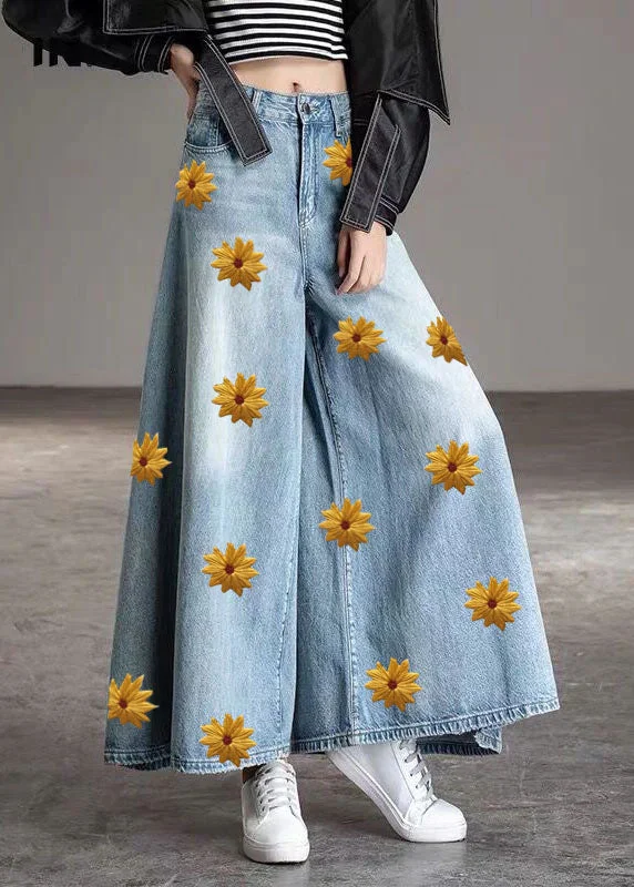 Chic Outfits DIY Light Blue-chrysanthemum fashion Pockets Casual Wide Leg Fall Denim Pants Chic Outfits DIY Light Blue-chrysanthemum fashion Pockets Casual Wide Leg Fall Denim Pants