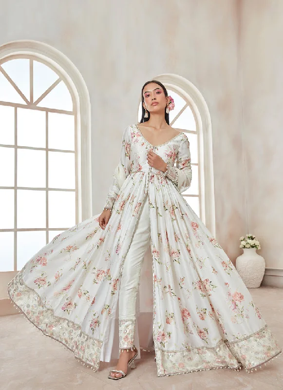 Smart Comfort Wear White Floral Pant Style Anarkali