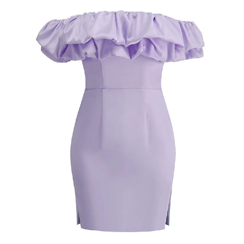 Simple Chic Dramatic Ruffle Off the Shoulder Side Split Satin Bodycon Mini Party Dress Simple Chic Dramatic Ruffle Off the Shoulder Side Split Satin Bodycon Mini Party Dress