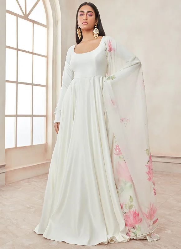 Relaxed Tops Off White Satin Anarkali With Floral Printed Dupatta