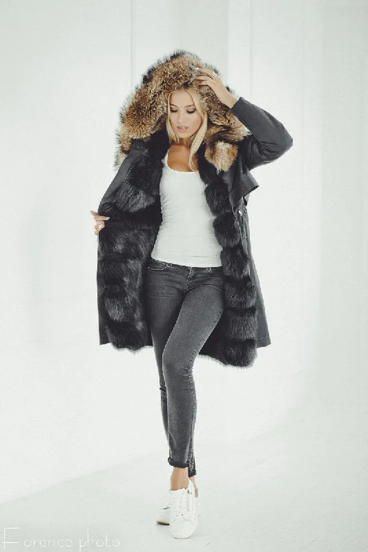 Cozy Pants Fox Fur Parka Coat (Black)