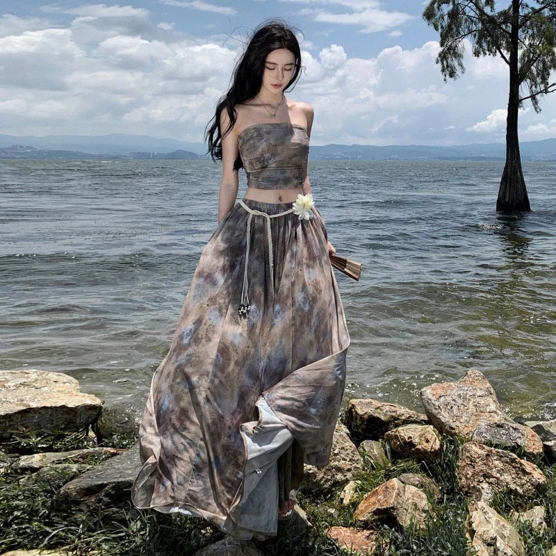 Relaxed Chic Luxury Vintage Summer Strapless Tops and Long Skirts Suits