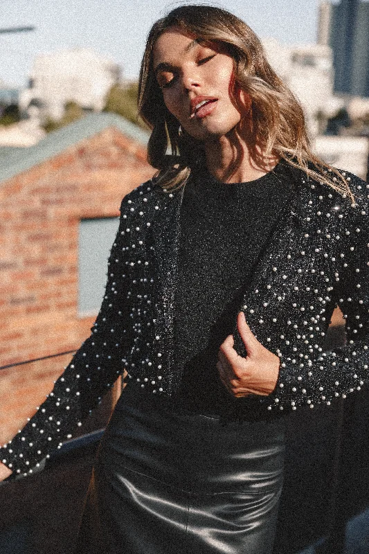 Chic Outfits Monica All Over Pearl Crop Jacket - Black