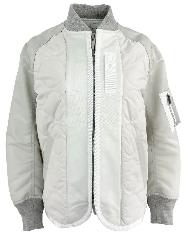 Soft Touch Sacai Quilted Zip Bomber Jacket in Ecru/Grey