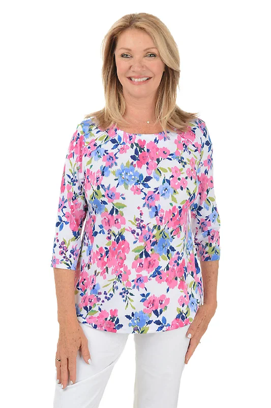 Relaxed Fashion Petite Flamenco Floral Pleated Shoulder Top
