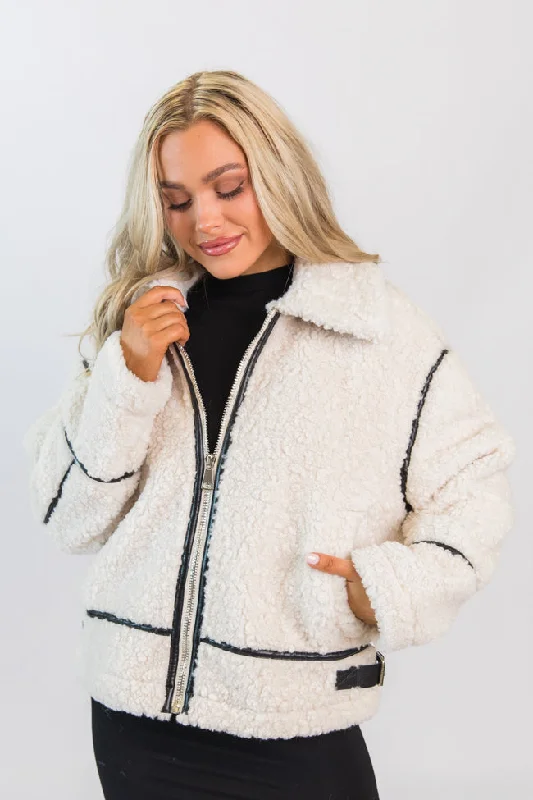 Comfortable Dresses Under The Surface Cream and Black Sherpa Contrast Trim Jacket SALE