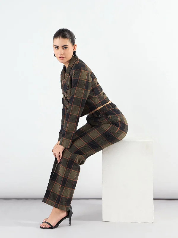 Comfortable Fashion Notched Lapel Checkered Warm Crop Blazer With Trouser