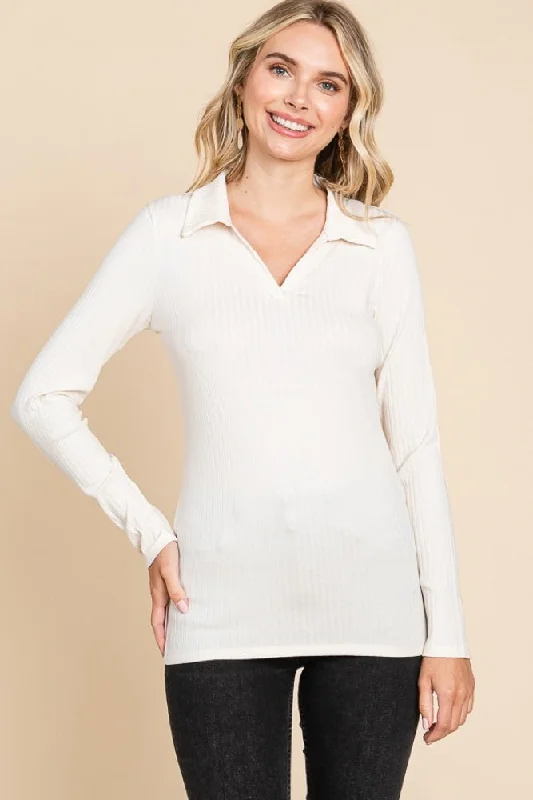 Cozy Fitting Cream Ribbed Collared Long Sleeve Top