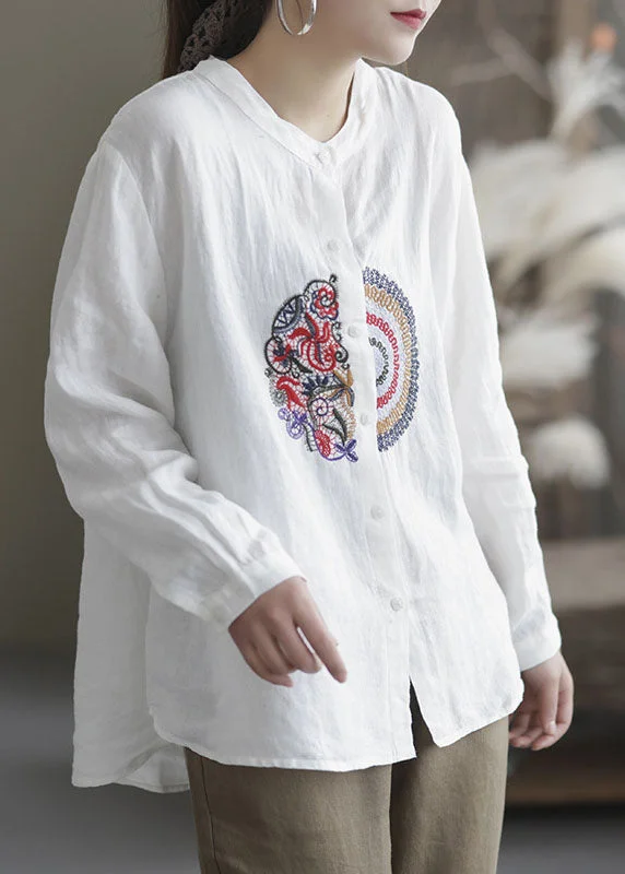 Relaxed Dresses Loose White Embroideried Patchwork Linen Shirts Spring