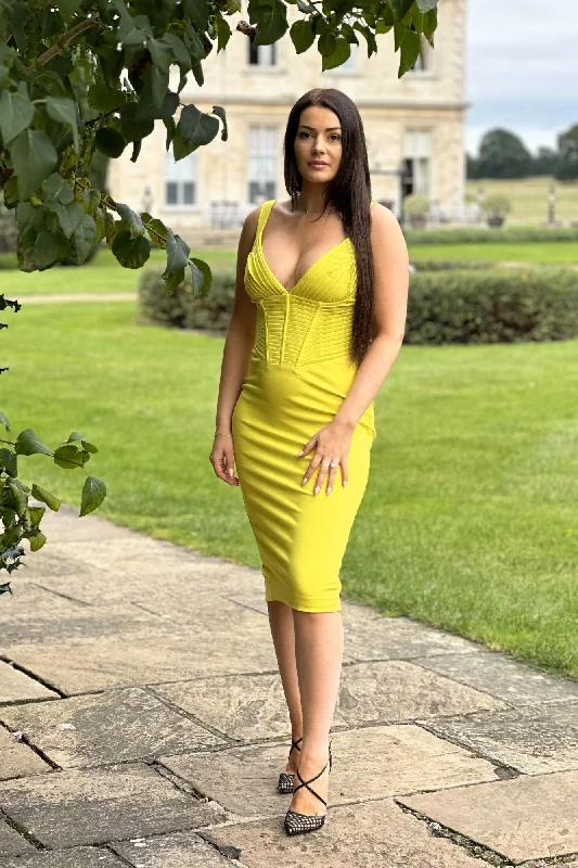 Elegant Dressing Lavish Alice pleated ponte corset midi dress in lime yellow