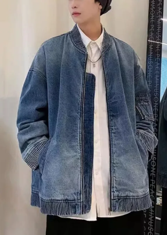 Comfort Fit French Blue Zip Up Pockets Hole Denim Mens Coats Spring
