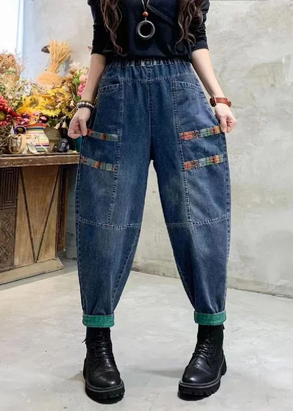 Soft Comfort Casual Blue Pockets Patchwork Applique Denim Harem Pants