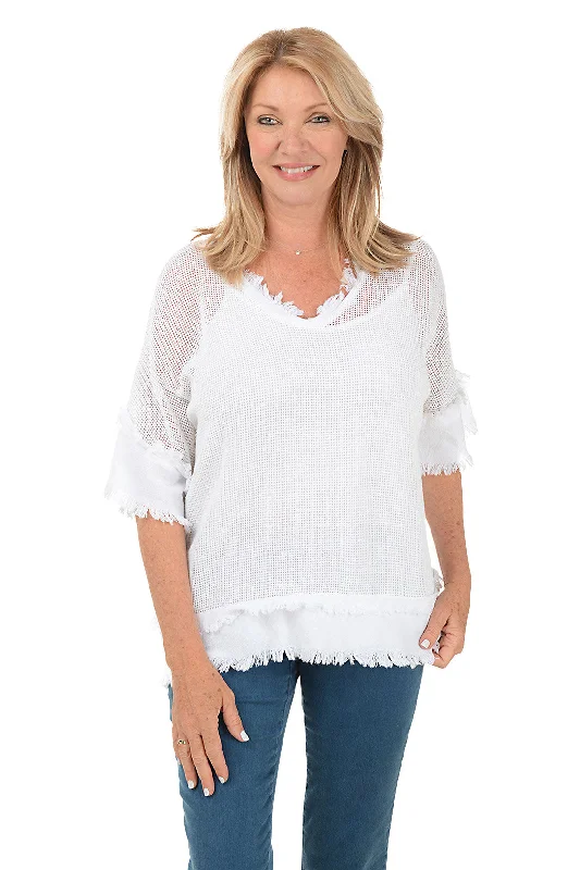 Cozy Layers Frayed Trim Cotton Mesh Top