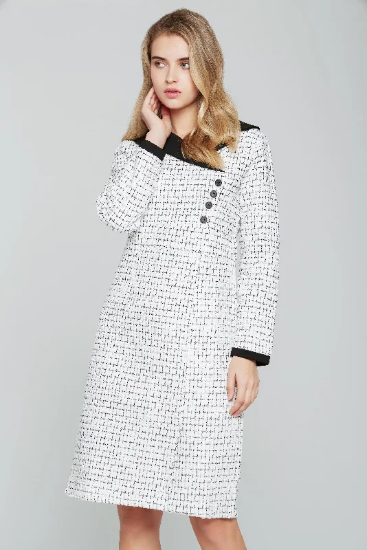 Cozy Outerwear Black and White Tweed Full Sleeves Blazer Dress