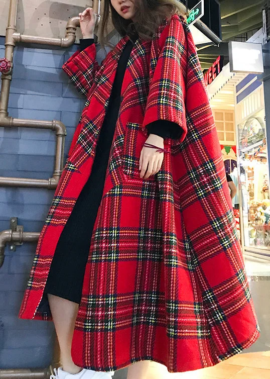 Everyday Style Chic Red Plaid Patchwork Woolen Coat Spring