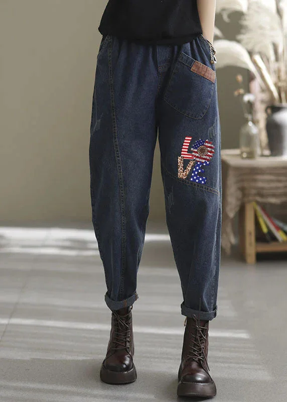 Cozy Outfit Natural blue-blue love elastic waist Pockets denim Pants Spring