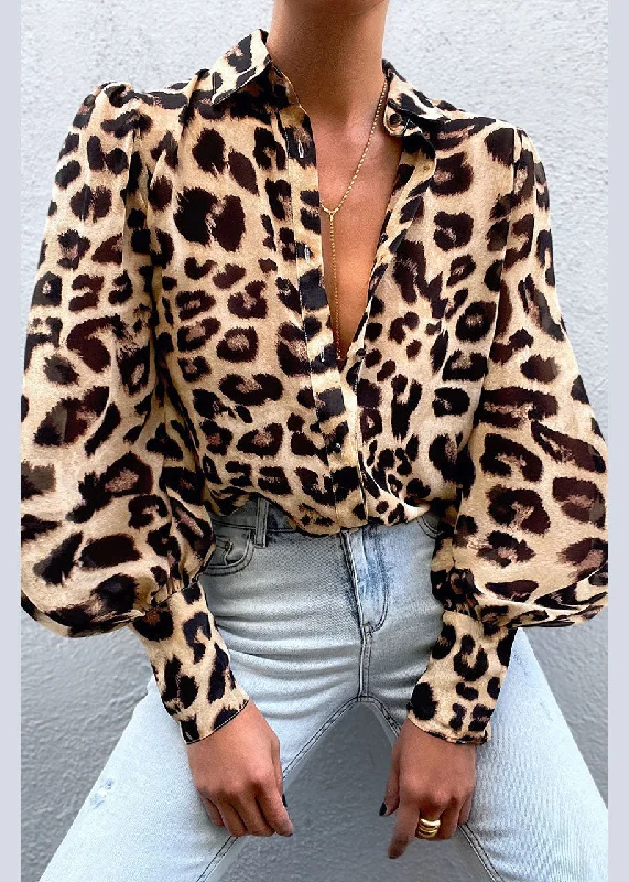 Soft Knitwear Loose Turn-down Collar Button Leopard Print Shirts Lantern Sleeve
