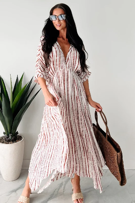 Comfortable Jeans Amalfi Coast Striped Deep V Midi Dress (Ivory/Brown)