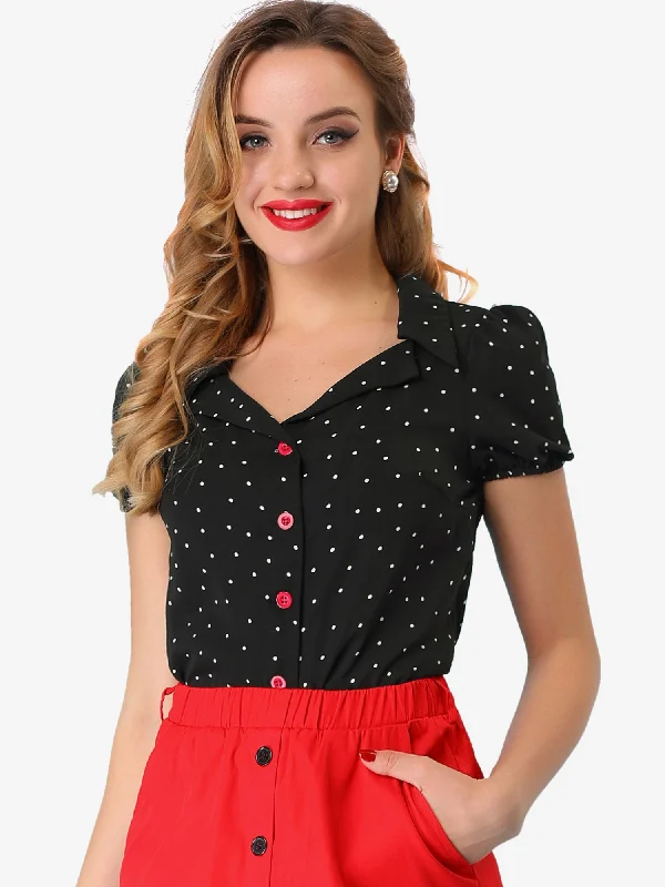 Easy Chic Polka Dots Bubble Sleeve Button Up Peter Pan Collar Blouse