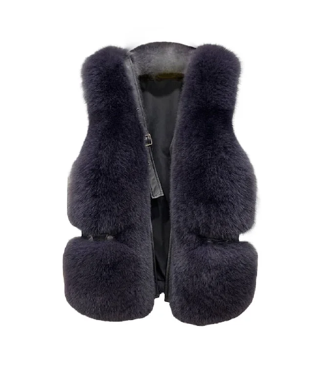 Versatile Style Genuine Striped Paneled Fox Fur Vest Gilet In Dark Gray