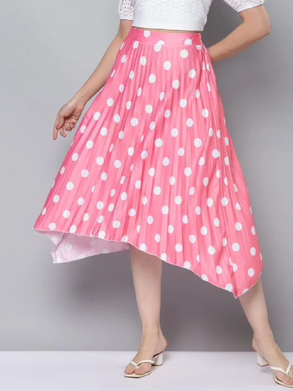 Cozy Fit Wear Women Pink With White Polka Dot Asymmetric Pleated Skirt