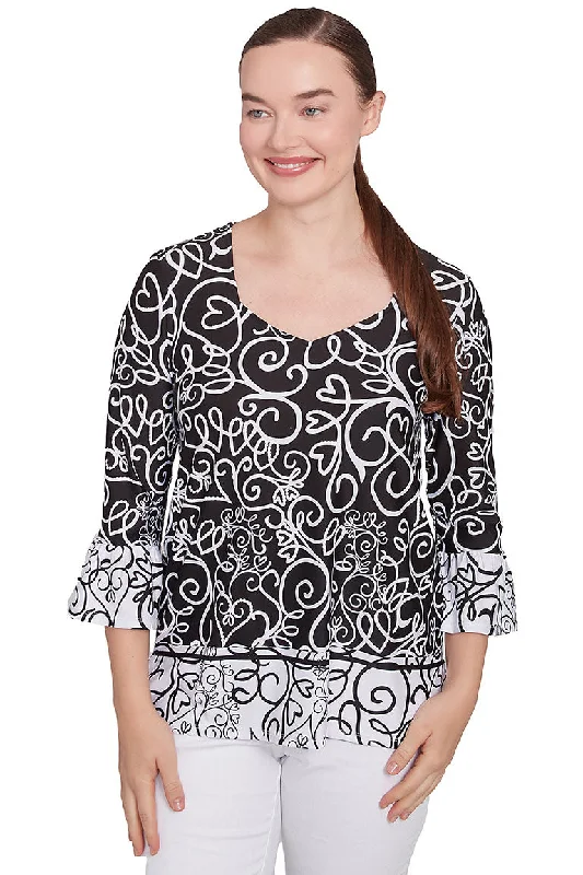 Soft Fabrics Monochrome Moment Puff Print Bell Sleeve Top