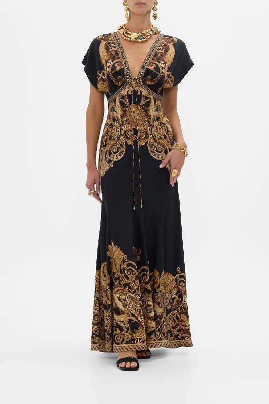 Casual Chic Wear V NECK HARDWARE DRESS WITH NECK TIE ERA OF EMPIRES