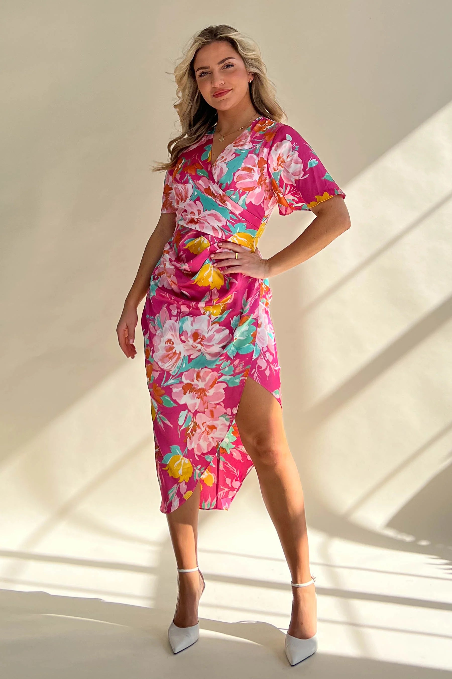 Chic Comfort Girl in Mind Natasha Pink Floral Angel Sleeve Wrap Midi Dress