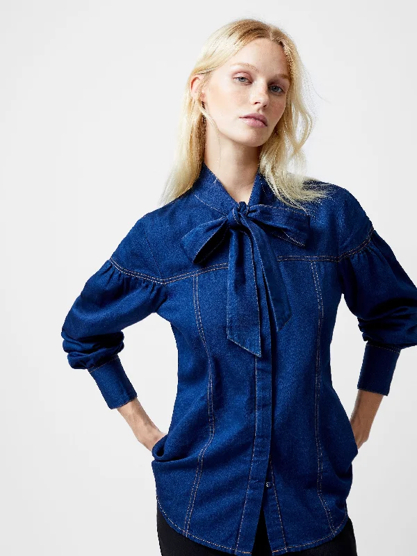 Effortless Outfits Zaves Chambray Tie Neck Button Up Shirt